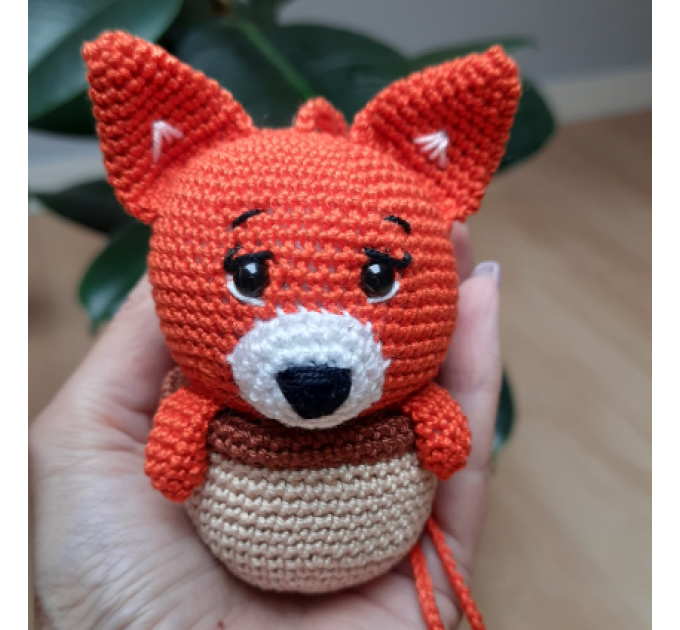 Hanging crochet little fox in a hazel nut shell , rear view mirror car accessory, bag or backpack charm