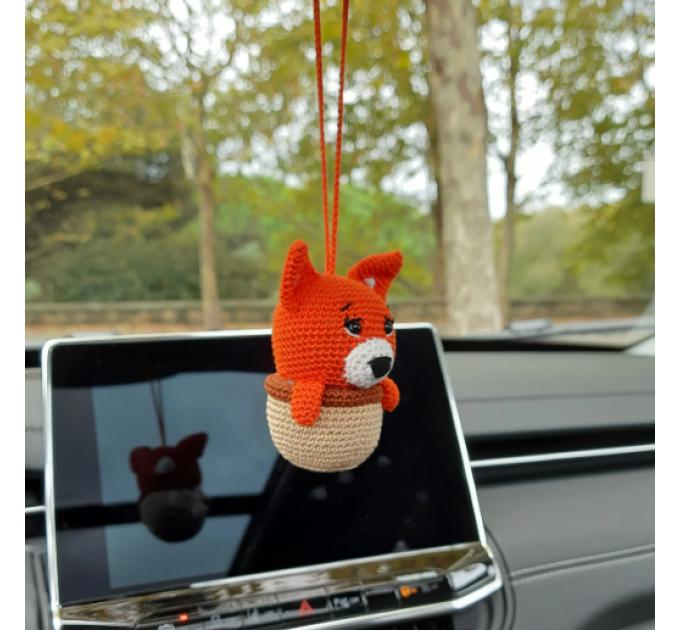 Hanging crochet little fox in a hazel nut shell , rear view mirror car accessory, bag or backpack charm