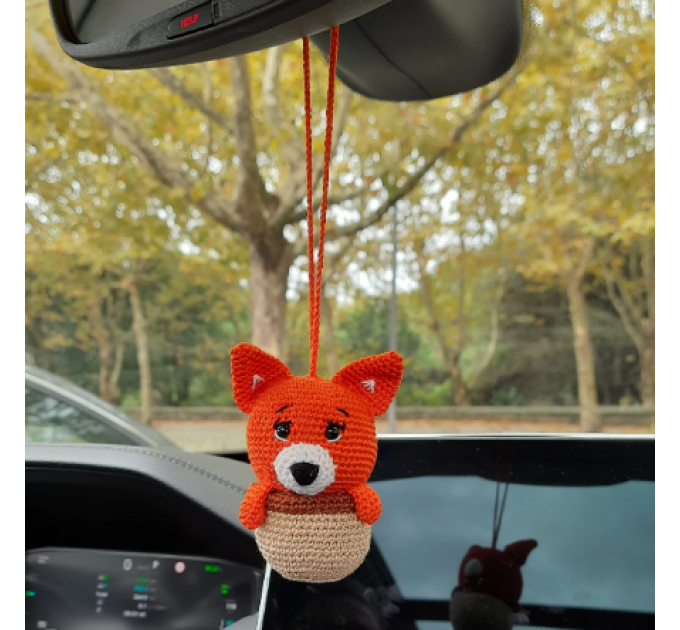 Hanging crochet little fox in a hazel nut shell , rear view mirror car accessory, bag or backpack charm