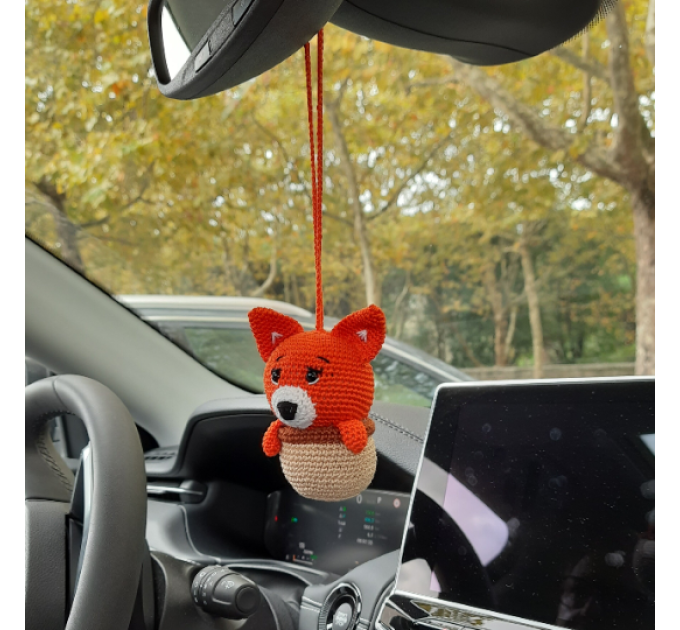 Hanging crochet little fox in a hazel nut shell , rear view mirror car accessory, bag or backpack charm