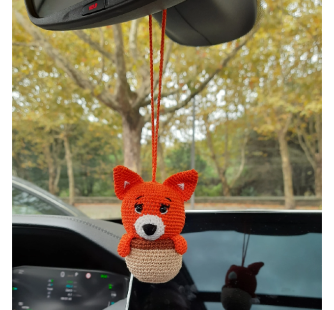 Hanging crochet little fox in a hazel nut shell , rear view mirror car accessory, bag or backpack charm