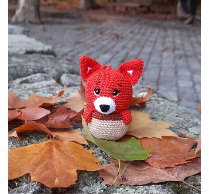 Hanging crochet little fox in a hazel nut shell , rear view mirror car accessory, bag or backpack charm