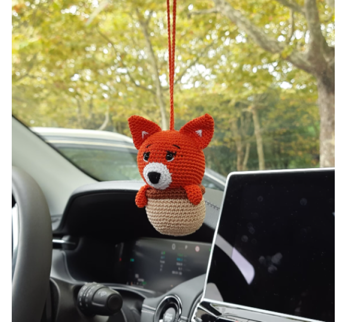 Hanging crochet little fox in a hazel nut shell , rear view mirror car accessory, bag or backpack charm