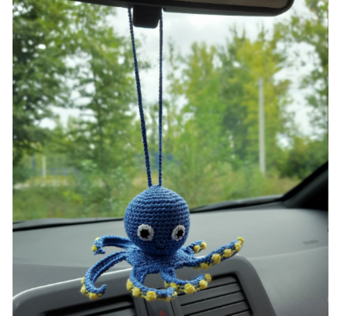 Hanging crochet octopus rear view mirror accessory, backpack charm