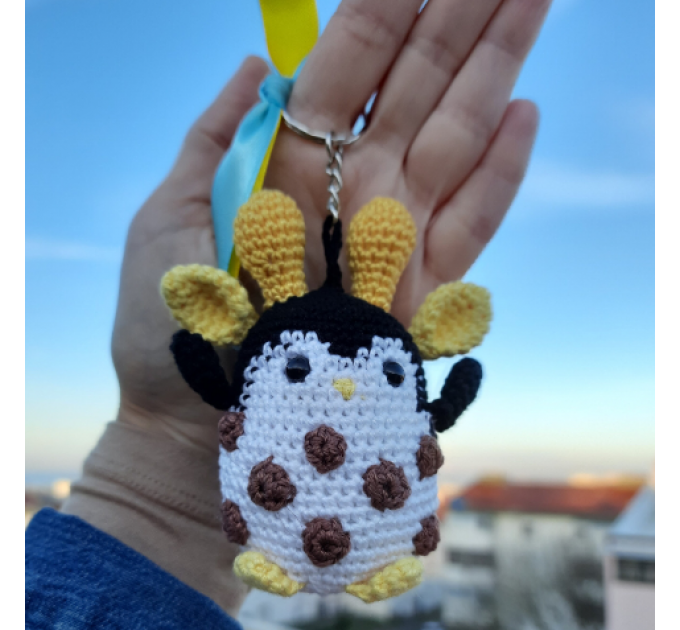 Hanging crochet penguin-giraffe car charm for rear view mirror, cute fantastic animal, plush keychain