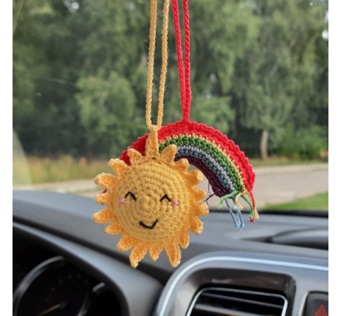 Hanging crochet sun and rainbow, small rear view mirror car charm