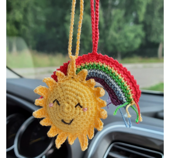 Hanging crochet sun and rainbow, small rear view mirror car charm