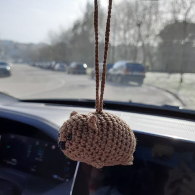 Hanging crochet wombat rear view mirror car charm. keychain, backpack pendant