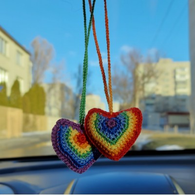Rainbow hearts crochet car charm