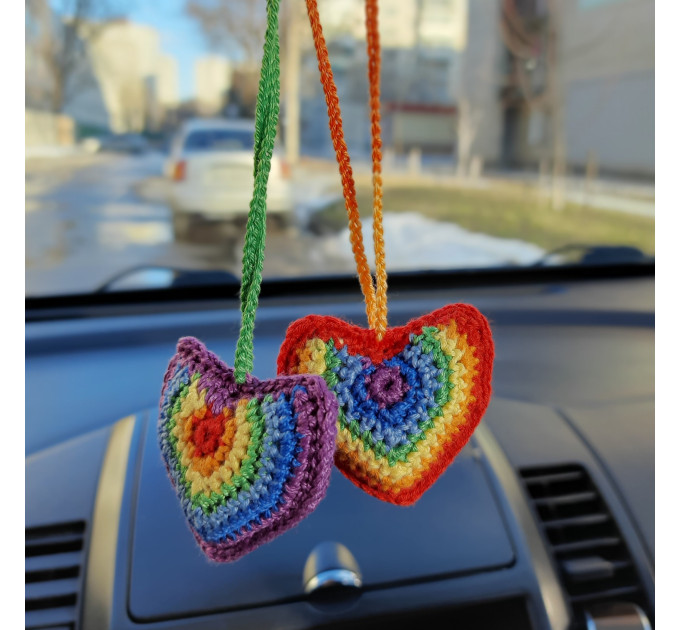 Rainbow hearts crochet car charm