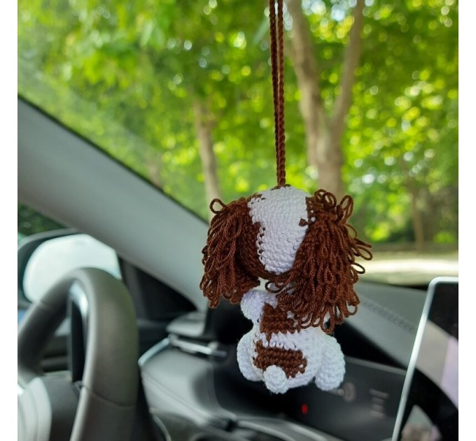 King Charles Cavalier Spaniel hanging crochet car charm for rear view mirror