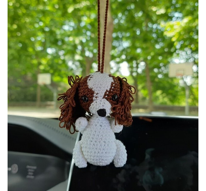 King Charles Cavalier Spaniel hanging crochet car charm for rear view mirror
