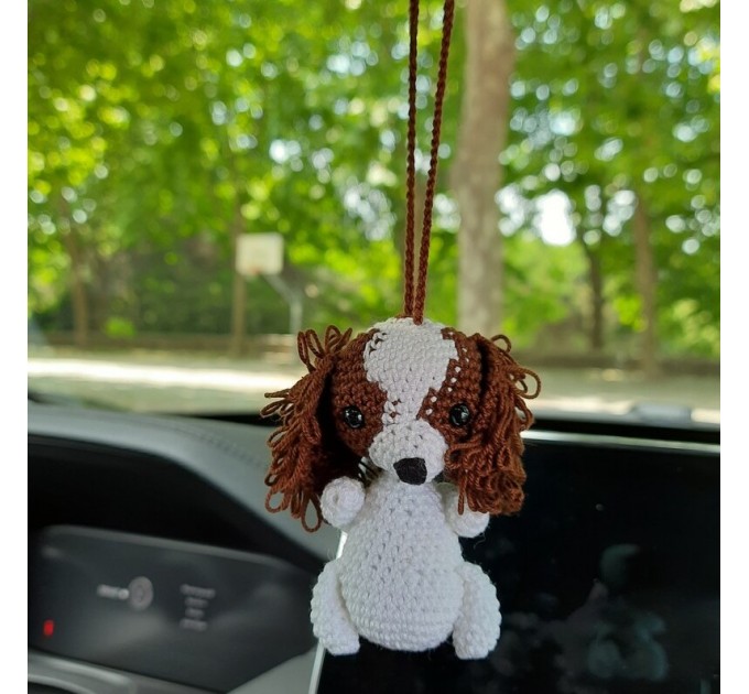 King Charles Cavalier Spaniel hanging crochet car charm for rear view mirror