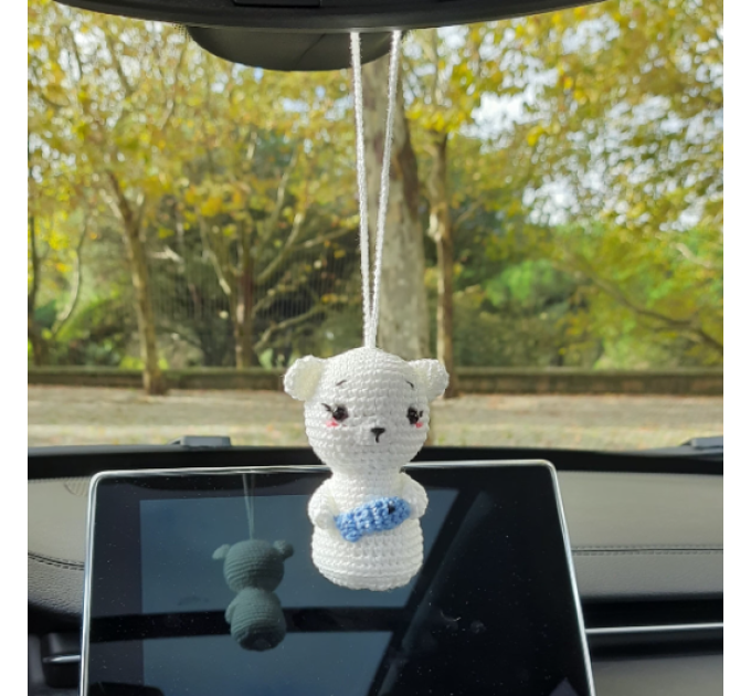 Polar bear crochet rear view mirror car charm, backpack pendant, Xmas tree toy
