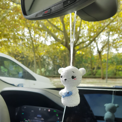 Polar bear crochet rear view mirror car charm, backpack pendant, Xmas tree toy