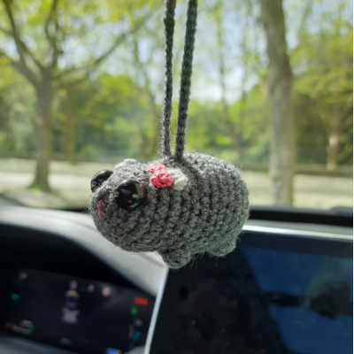 Sad hamster viral meme, cute crochet rear view mirror car charm, keychain or backpack pendant