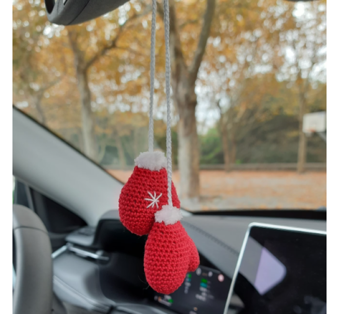 Xmas winter gloves, red home decorations, Christmas  tree ornament, car charm crochet
