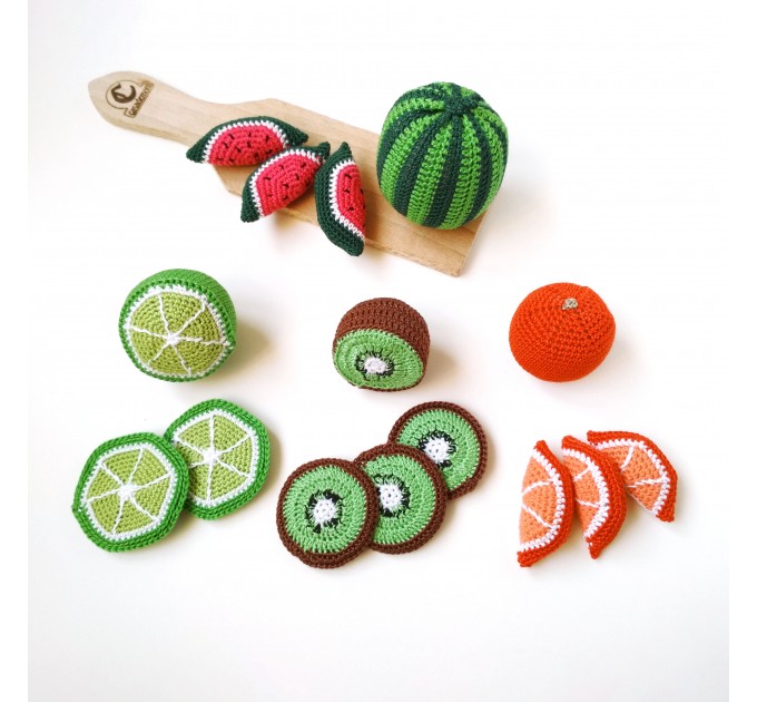 Crochet food fruit slice Tropical fruit toy Farmers market Montessori sensory toys materials First birthday gift