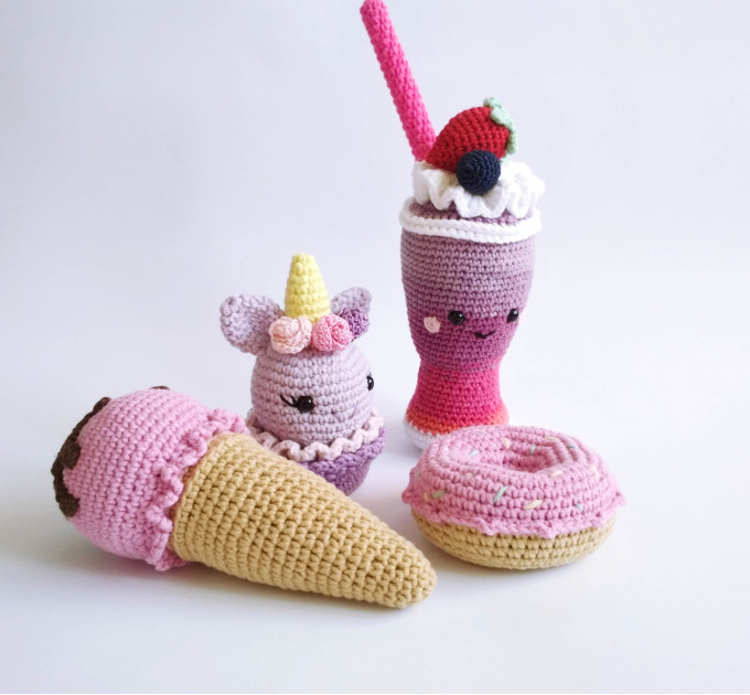 Play food set Crochet Milkshake Ice cream Donut Cupcake