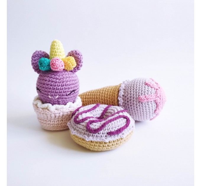 Crochet play food Ice cream cone donut cupcake