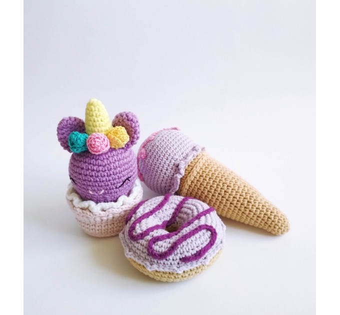 Crochet play food Ice cream cone donut cupcake