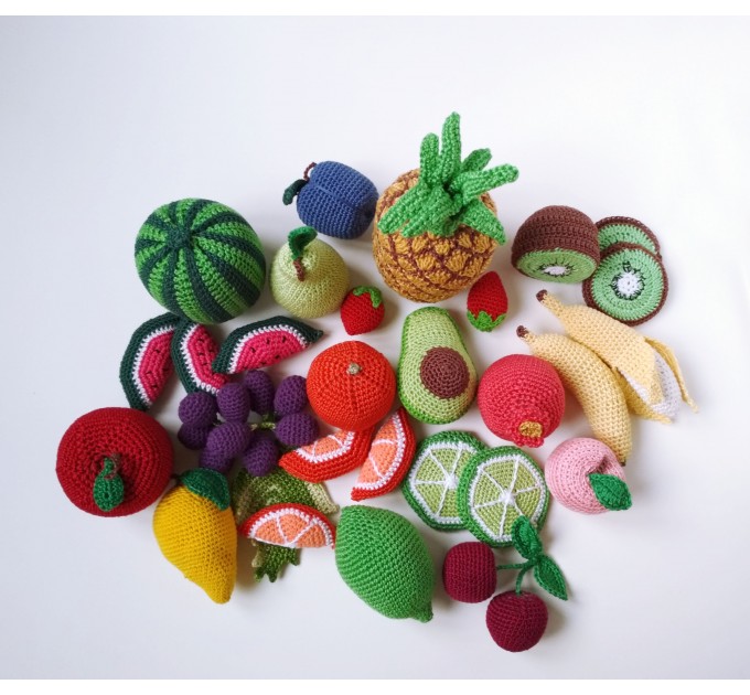 Big play kitchen set of 31 tropical fruit plushies Montessori materials crochet food Toddler skill toy