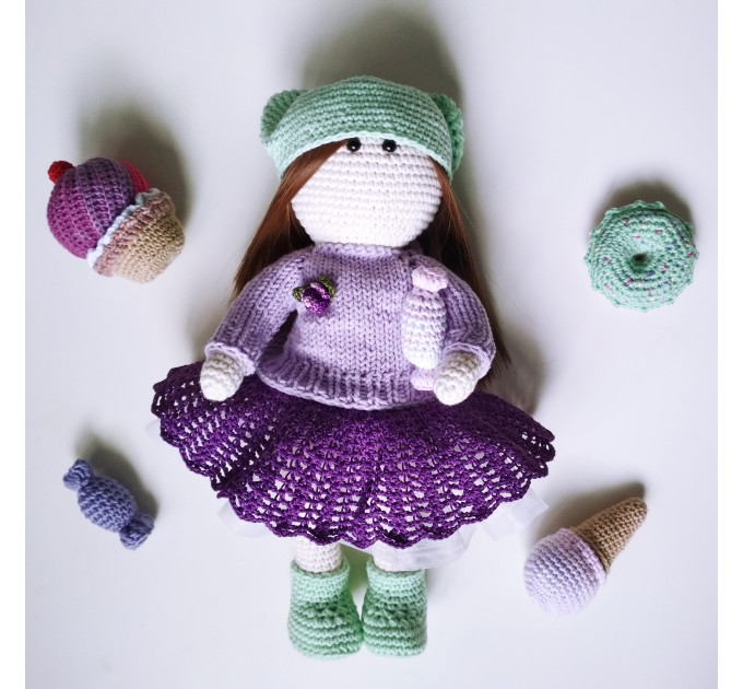 Crochet doll with hat Knit cute interoir doll with clothes