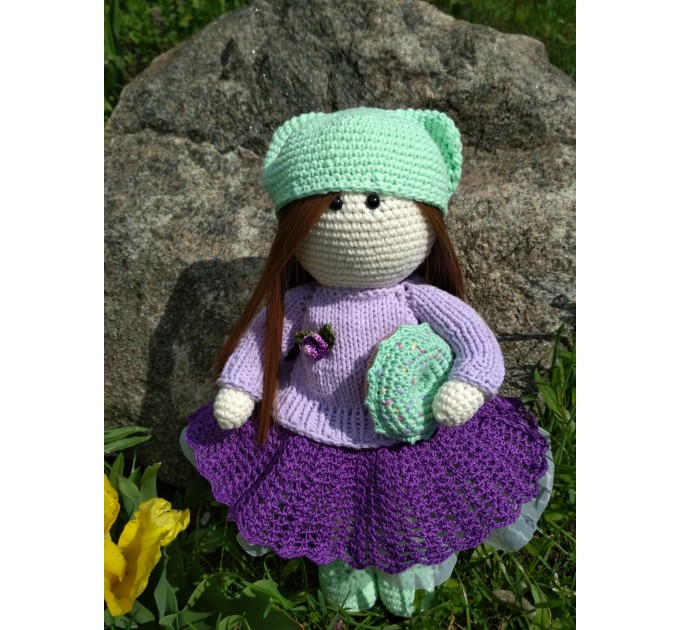 Crochet doll with hat Knit cute interoir doll with clothes