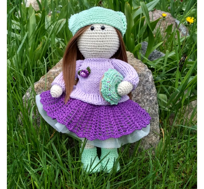 Crochet doll with hat Knit cute interoir doll with clothes