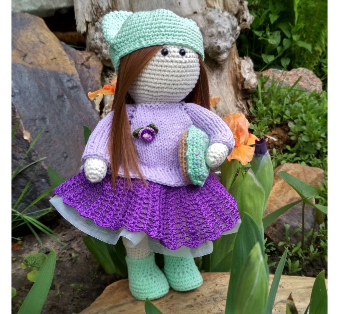 Crochet doll with hat Knit cute interoir doll with clothes