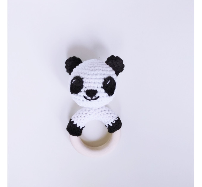 Crochet baby rattle Cotton white unicorn shower gift Wooden teether ring Pregnancy gift New mommy gift Newborn welcome gift Gender neutral stuffed animal