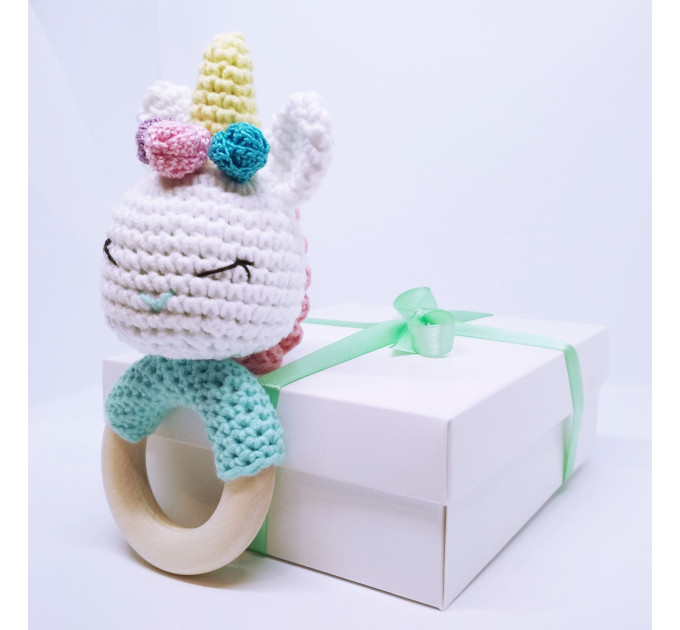 Crochet baby rattle Cotton white unicorn shower gift Wooden teether ring Pregnancy gift New mommy gift Newborn welcome gift Gender neutral stuffed animal
