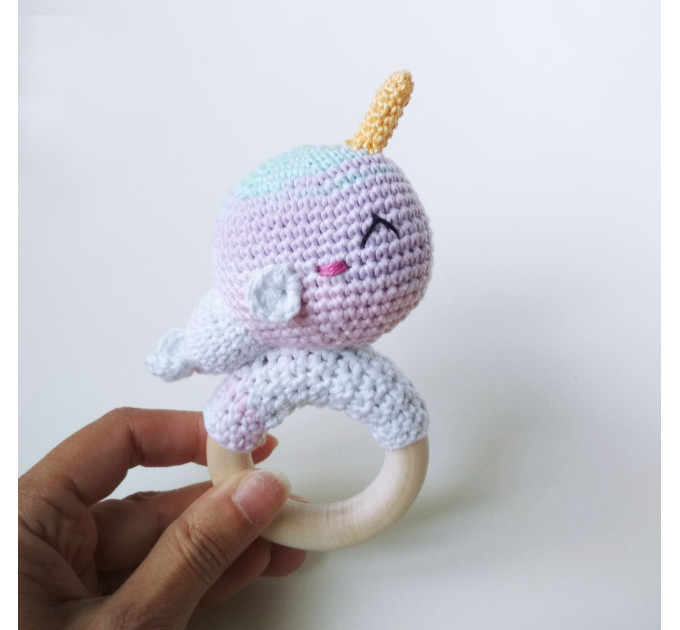 Crochet baby rattle Cotton white unicorn shower gift Wooden teether ring Pregnancy gift New mommy gift Newborn welcome gift Gender neutral stuffed animal