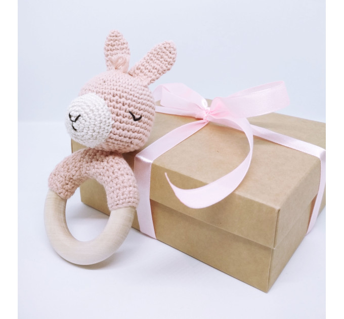 Crochet baby rattle Cotton white unicorn shower gift Wooden teether ring Pregnancy gift New mommy gift Newborn welcome gift Gender neutral stuffed animal