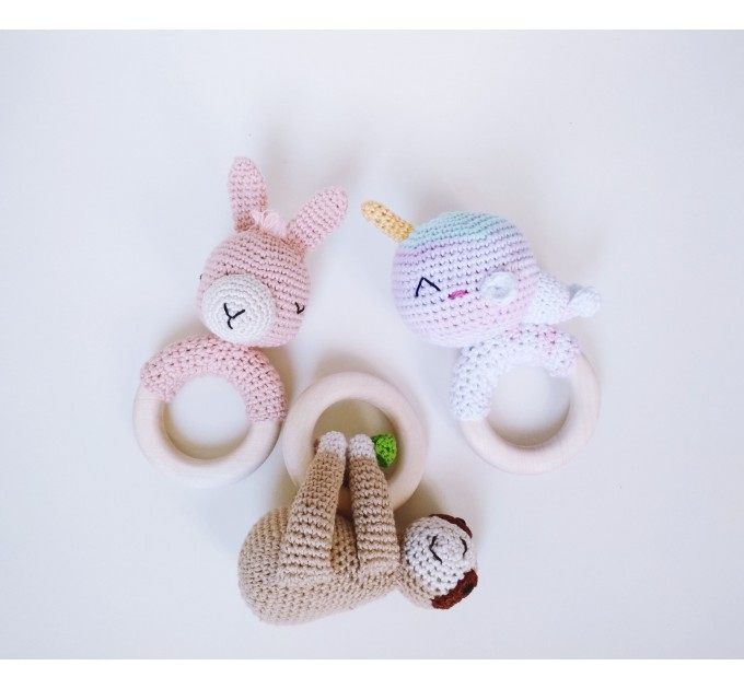 Crochet baby rattle Cotton white unicorn shower gift Wooden teether ring Pregnancy gift New mommy gift Newborn welcome gift Gender neutral stuffed animal
