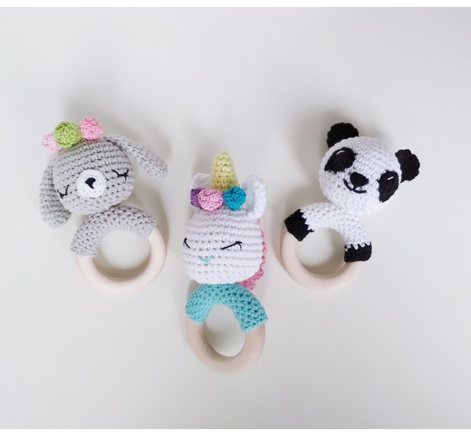 Crochet baby rattle Cotton white unicorn shower gift Wooden teether ring Pregnancy gift New mommy gift Newborn welcome gift Gender neutral stuffed animal