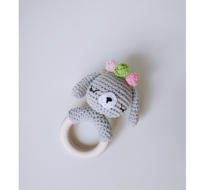 Crochet baby rattle Cotton white unicorn shower gift Wooden teether ring Pregnancy gift New mommy gift Newborn welcome gift Gender neutral stuffed animal