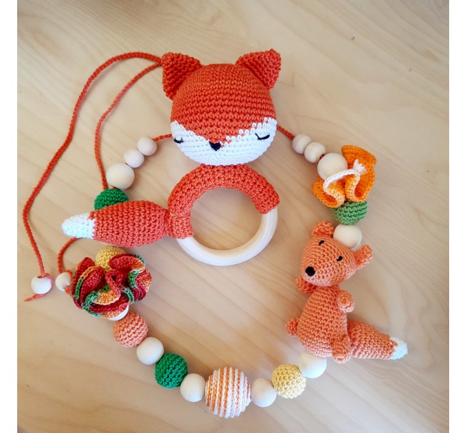 Fox baby set: teething necklace and crochet baby rattle