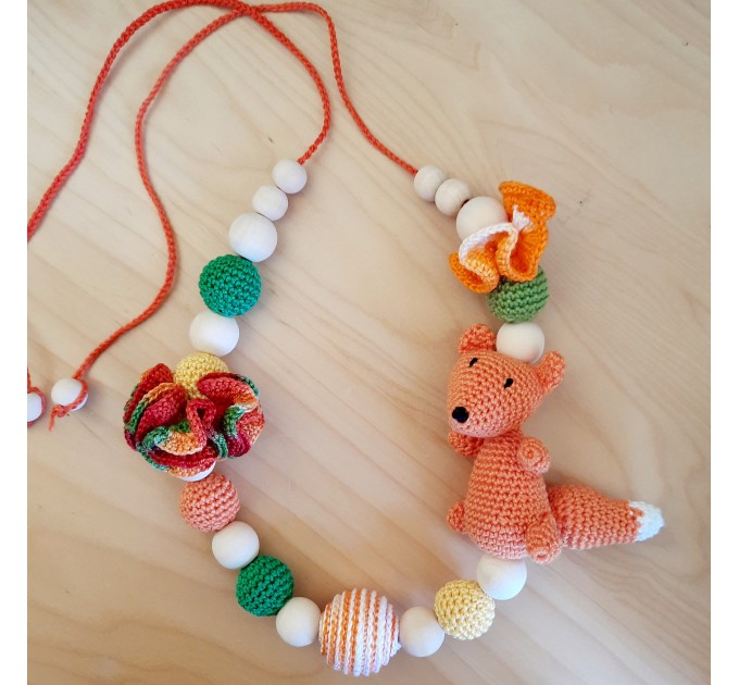 Fox baby set: teething necklace and crochet baby rattle