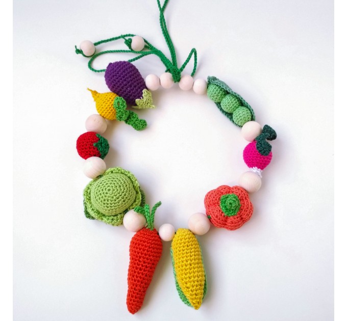 Teething necklace Busy baby Motor skills Montessori toddler Vegan gift Sling nursing toy Breastfeeding Crochet vegetable Necklace for mom