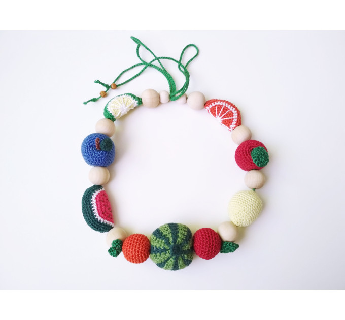 Nursing teething fruit necklace Montessori activity busy baby toy sling Mommy eco Little girl necklace Breastfeeding toy Baby shower gift