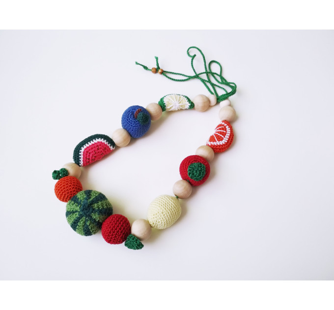 Nursing teething fruit necklace Montessori activity busy baby toy sling Mommy eco Little girl necklace Breastfeeding toy Baby shower gift
